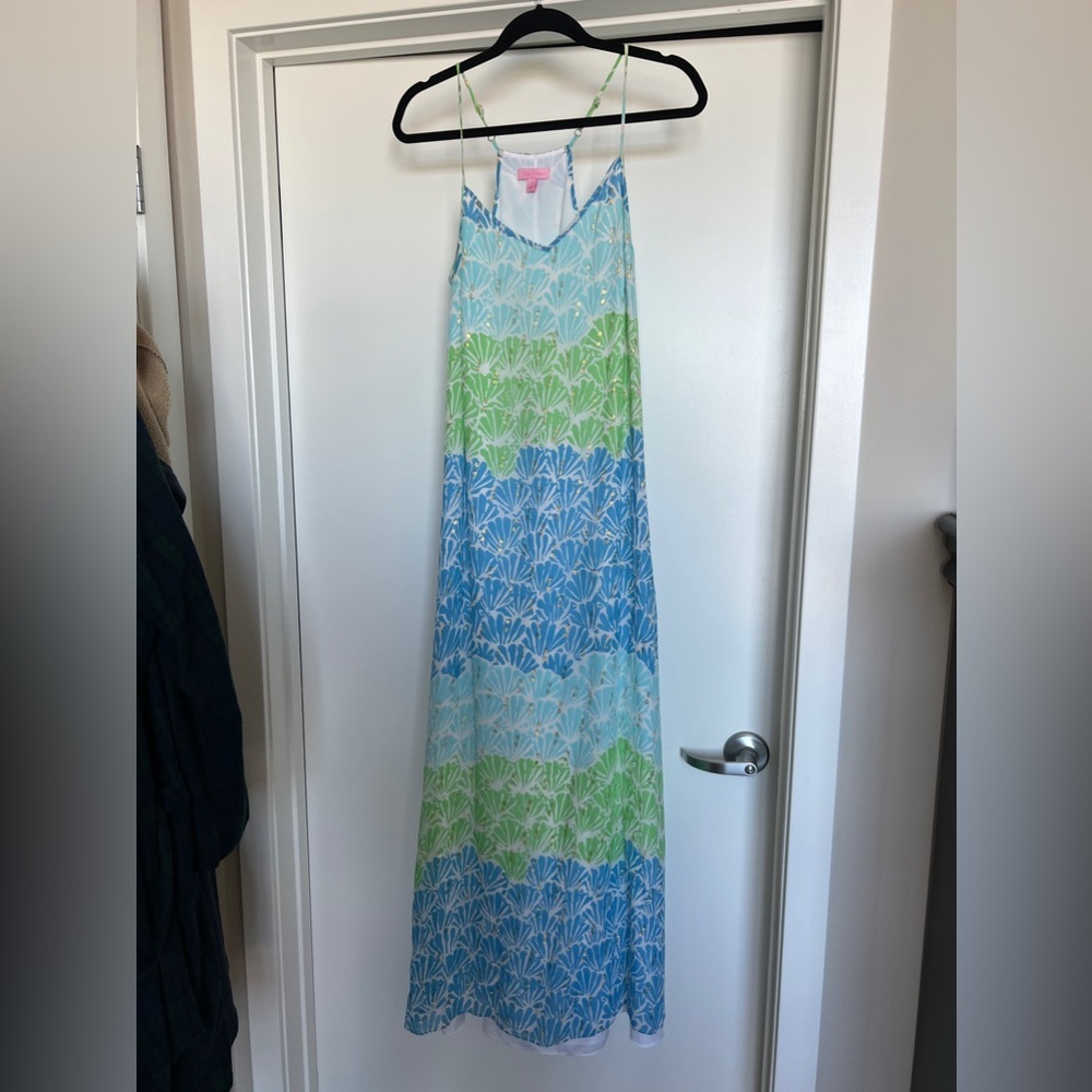 Lilly Pulitzer Maxi Blue/Green/Gold Shell Pattern Dress